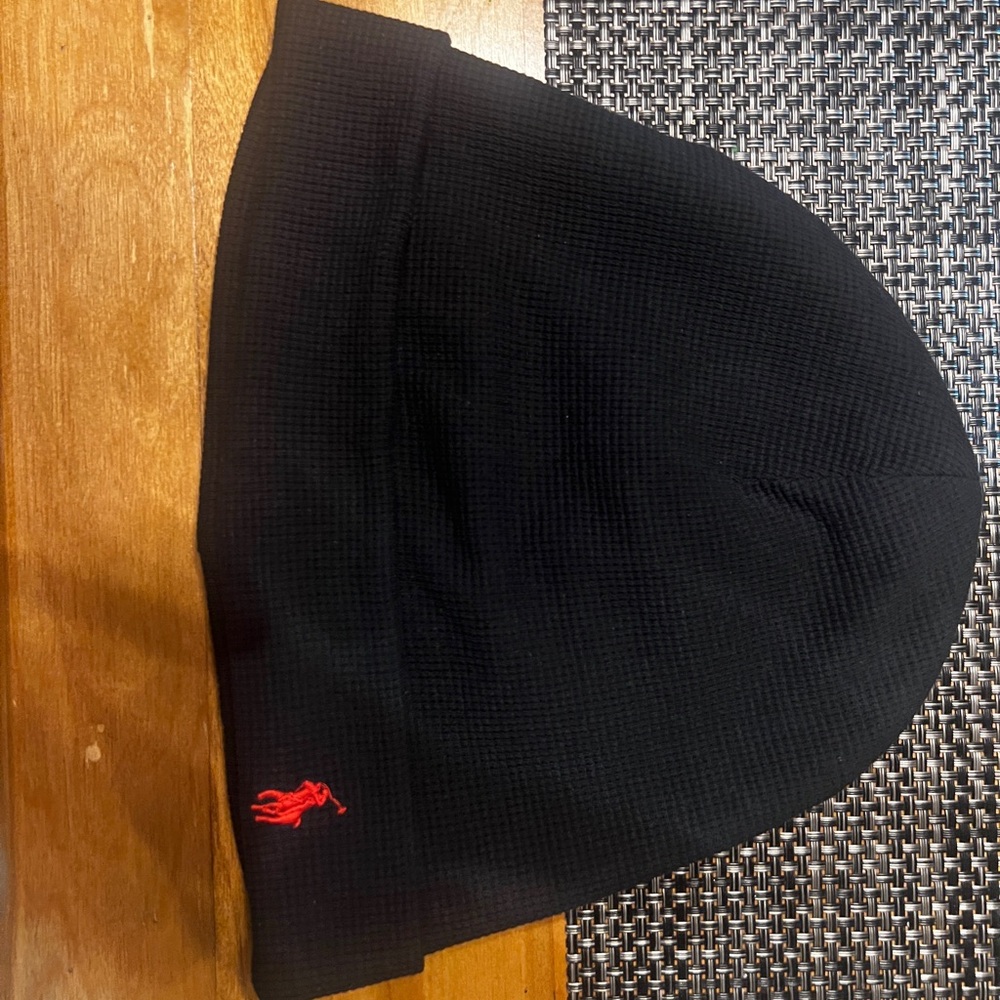 Ralph Lauren black Knit Beanie with red horse logo